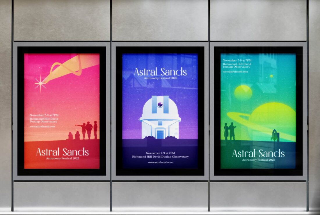 Poster Mockup of the motion project Astral Sands by Sam Lampano. The image shows three posters on the wall with two people passing by.