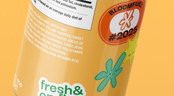 Back of energy drink can, cropped, with a nutritional value, a flower and sun mascot, a sticker that says "fresh and on fire) and a branded stamp.